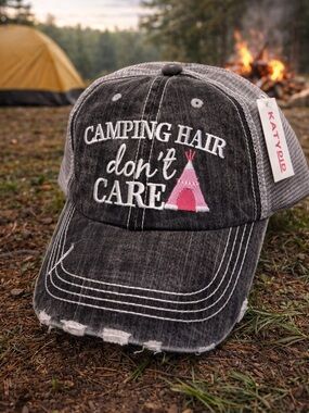 Katy ID 'Camping Hair Don't Care' Distressed Trucker Hat - Black & Pink